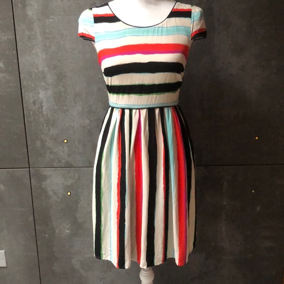 Maeve Dresses & Skirts - Anthropology Maeve flared stripe  multicolor dress size 0 Cap Sleeves Zip Back